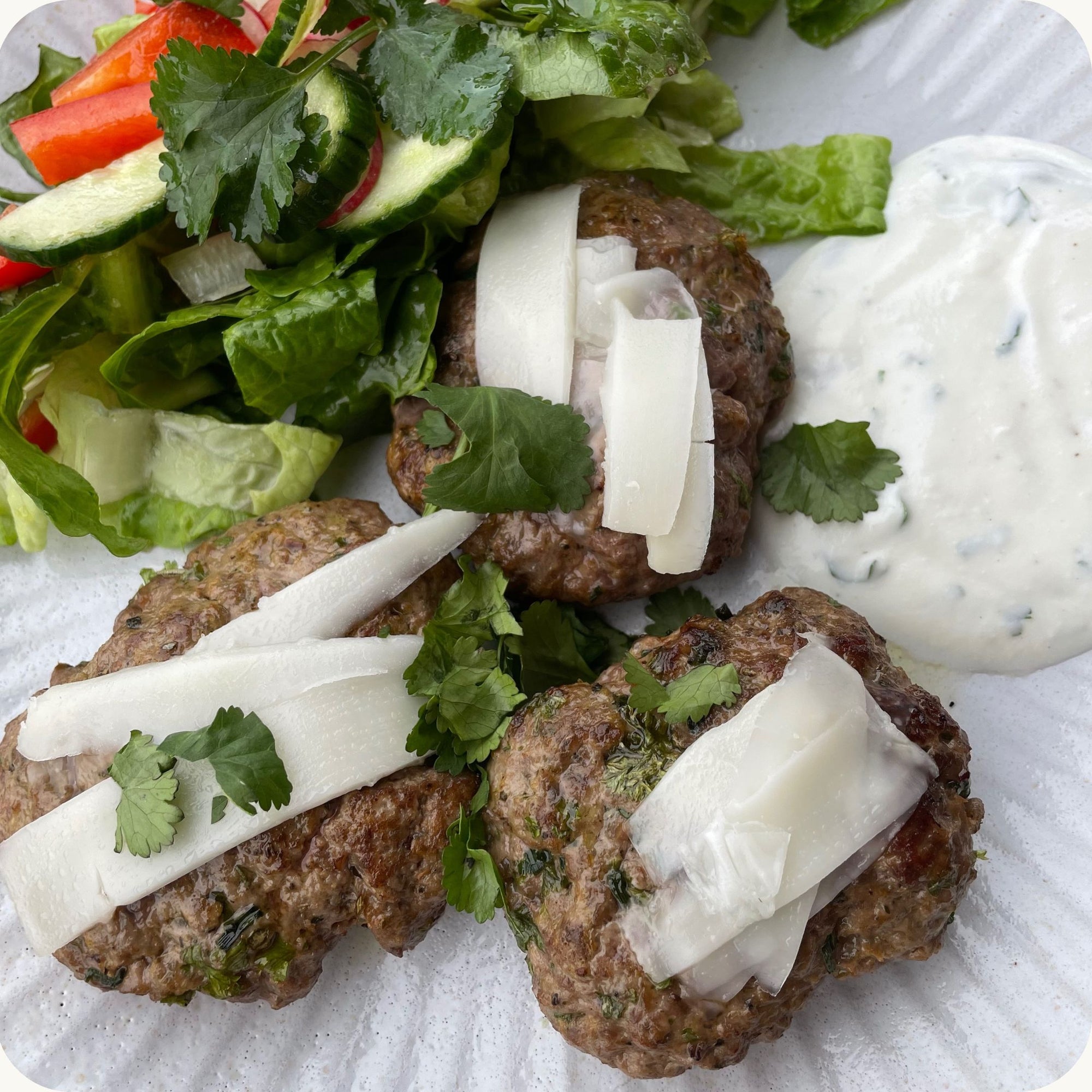 Recipe: Beef Patties Topped w/ Goat Cheese & Goat Yoghurt Sauce